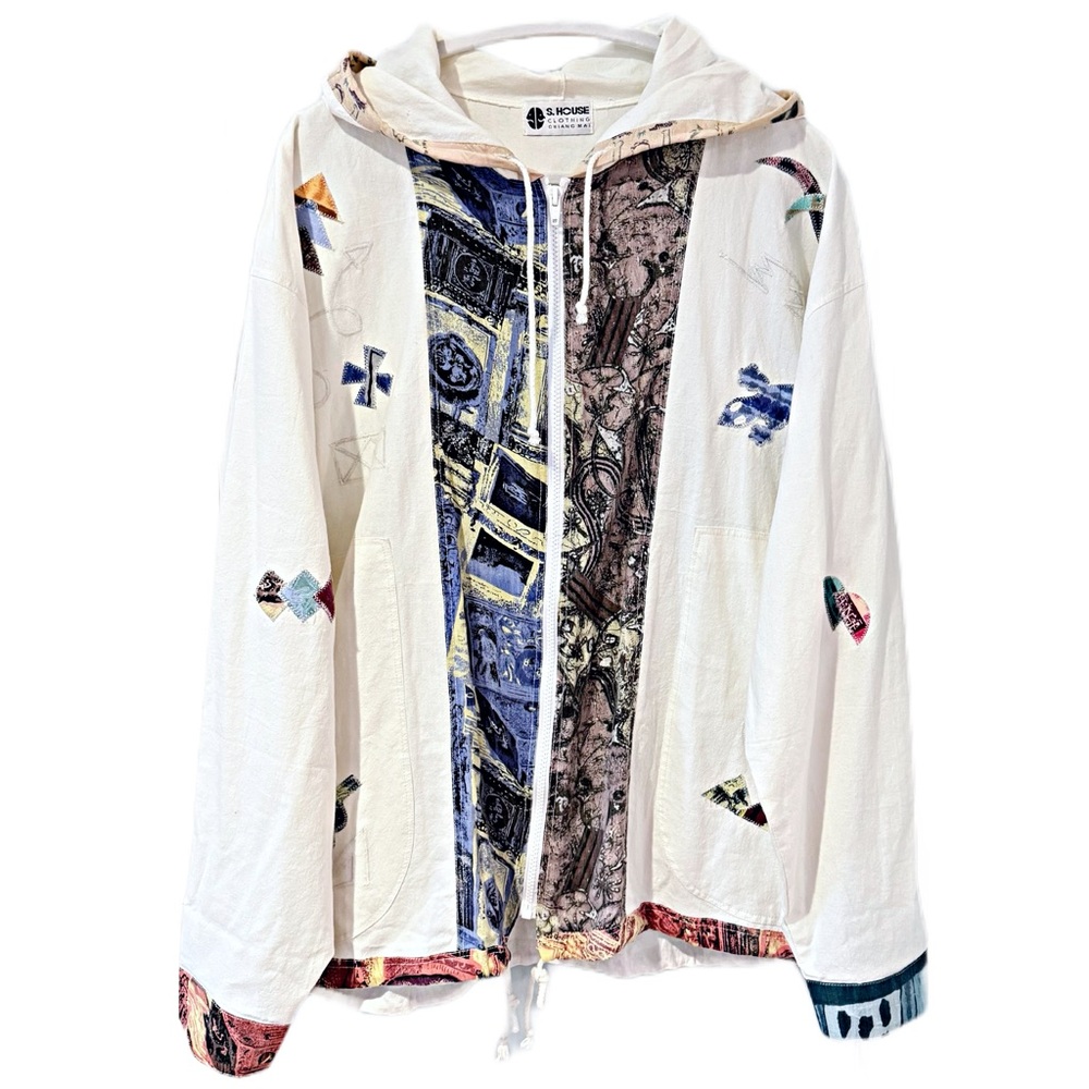 S HOUSE CLOTHING Unique Multicolor Men’s Zip Up Jacket Appliqué Cotton White L